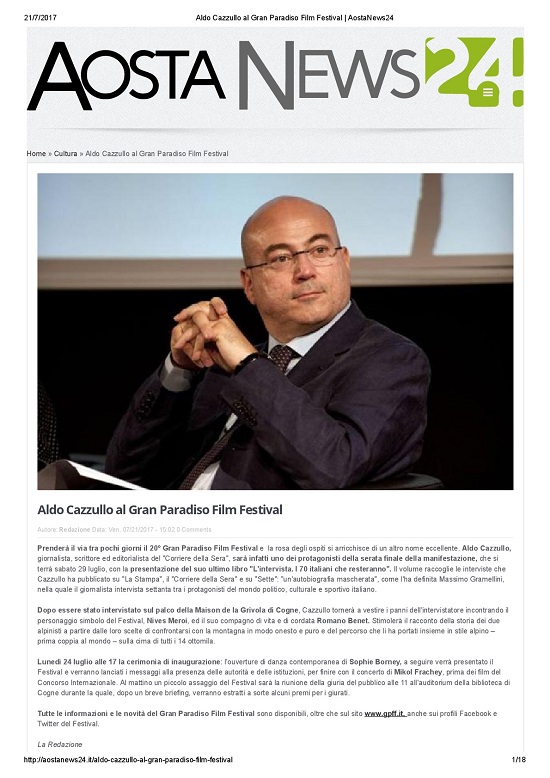 2017-07-21 AostaNews24 Aldo Cazzullo al Gran Paradiso Film Festival