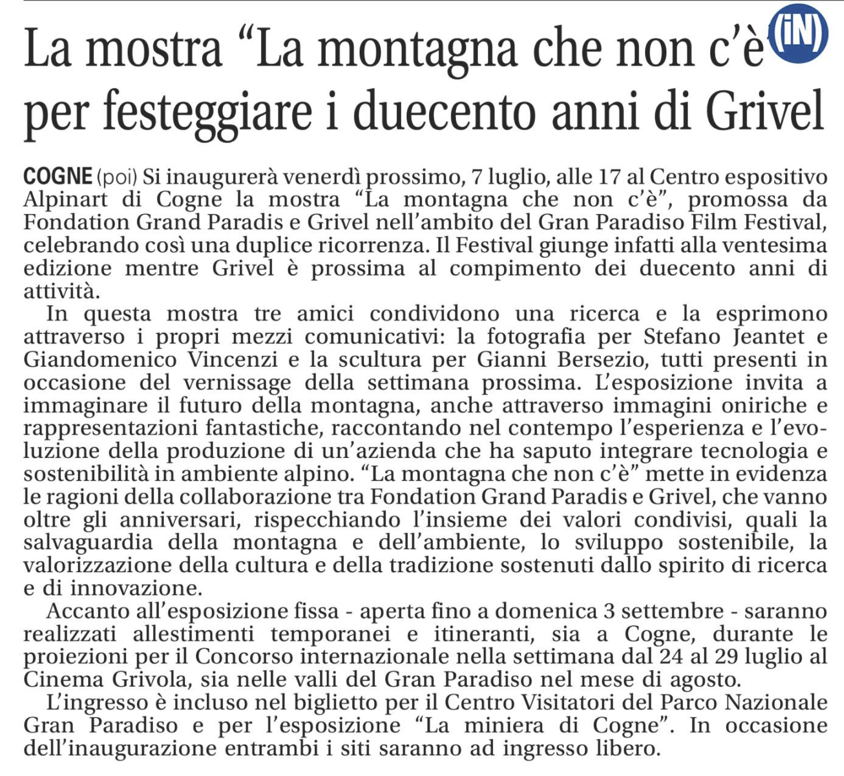 2017-06-30 La Vallee Notizie La mostra La montagna che non c'è per festeggiare i duecento anni di grivel