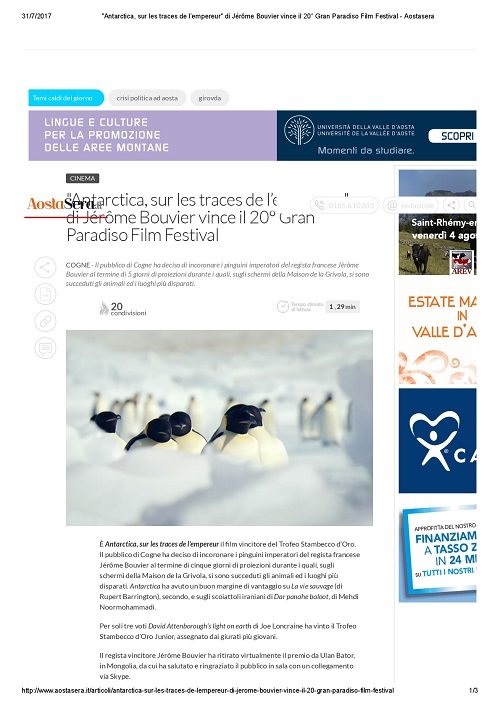 2017-07-30 AostaSera.it Antarctica, sur les traces de l’empereur di Jérôme Bouvier vince il 20° Gran Paradiso Film Festival