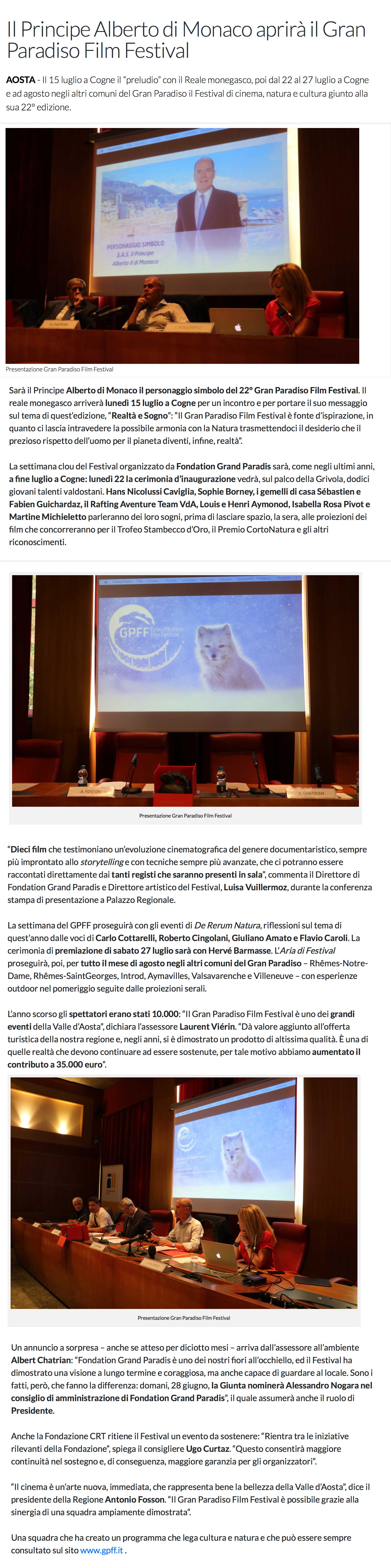 Il Principe Alberto di Monaco aprirà il Gran Paradiso Film Festival