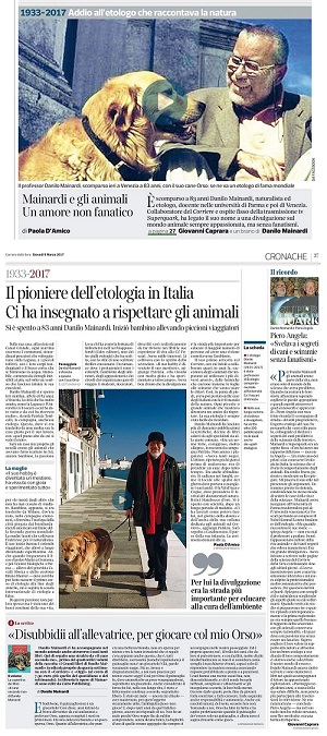 articolo Corriere della Sera 9 marzo 2017 2017-03-09 Corriere della Sera Il pioniere dell'etologia in Italia. Ci ha insegnato a rispettare gli animali