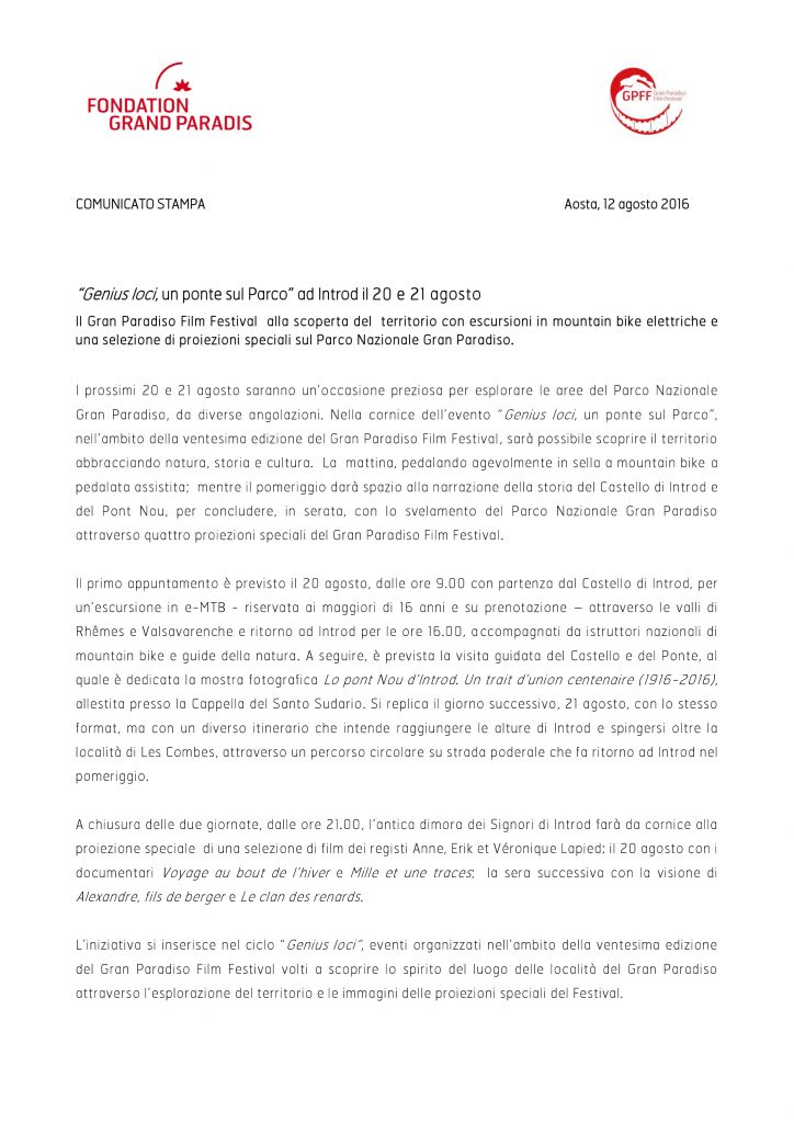comunicato stampa 2016-08-12 genius loci un ponte sul Parco ad Introd, il 20 e 21 agosto