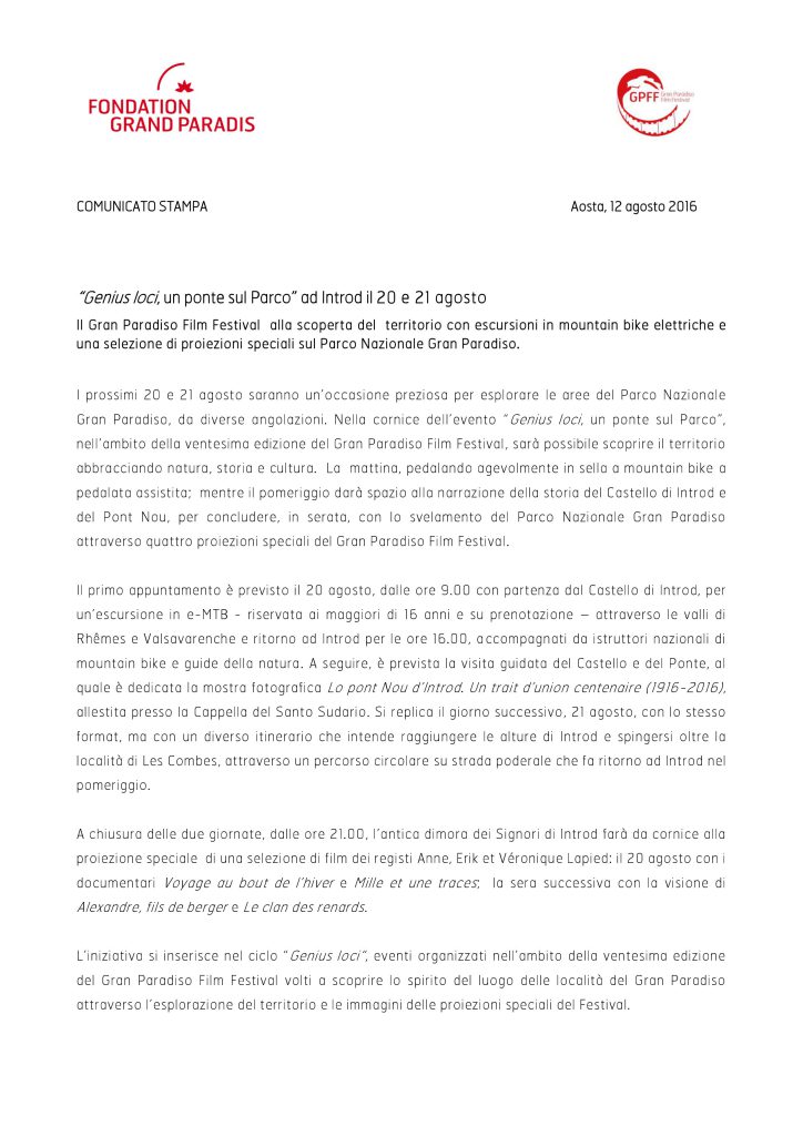 comunicato stampa 2016-08-12 genius loci un ponte sul Parco ad Introd, il 20 e 21 agosto